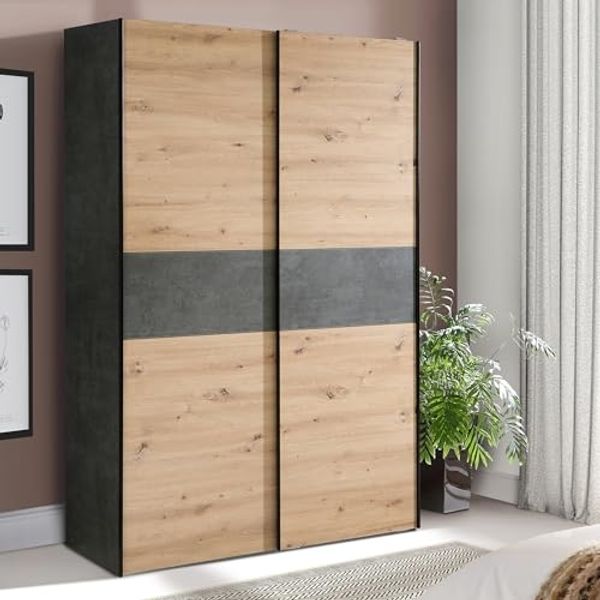FORTE OZZULA klassischer Kleiderschrank 120, Schrank mit Zwei Schwebetüren, Holzwerkstoff, Artisan Eiche Dekor mit Betonoptik Akzenten, 120 cm breit, 190,5 cm hoch, 61,2 cm tief