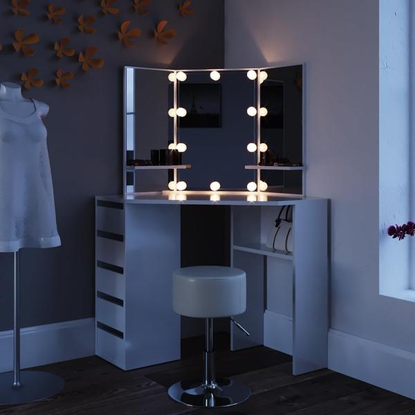 Eckschminktisch Arielle Weiß 110 cm mit LED Beleuchtung und Hocker Vicco