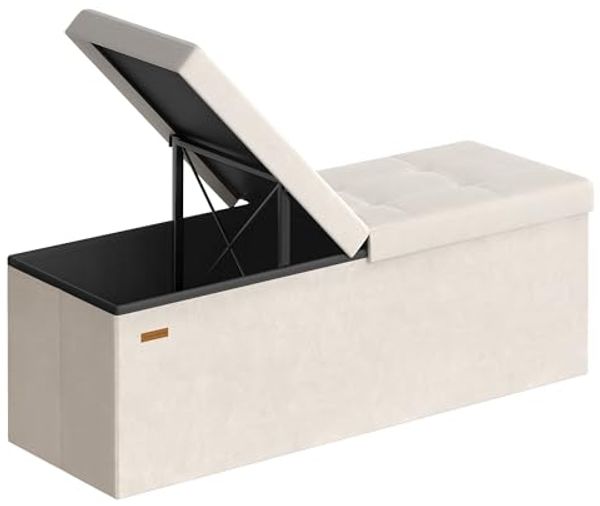 SONGMICS Sitzbank mit Stauraum, Sitztruhe, Aufbewahrungsbox, 38 x 110 x 38 cm, Deckel klappbar, bis 300 kg belastbar, Flur Wohnzimmer Schlafzimmer, Samt, cappuccinobeige LSF078LH01
