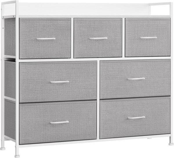 Songmics Kommode, Schrank, 7 Stoffschubladen mit Griffen, Metallgestell, Industrie-Design, taubengrau-wolkenweiß