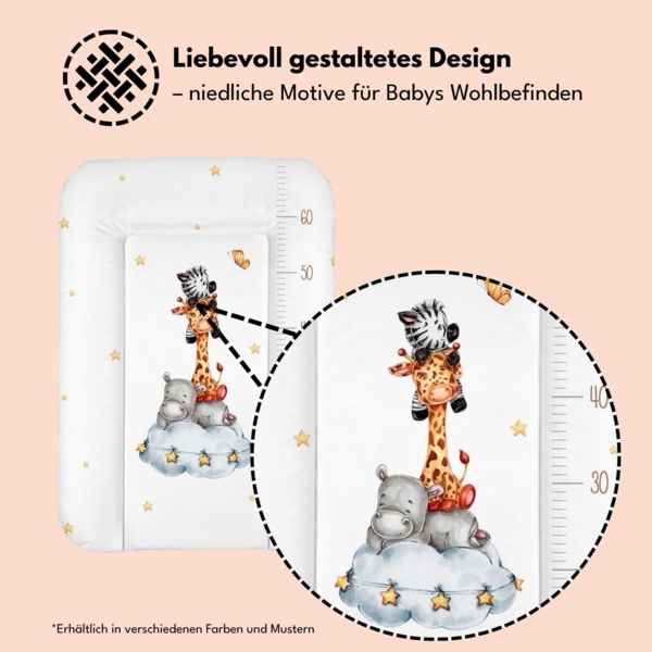 Wickelauflage 50x70 cm, Weiß mit Safari-Tieren – abwaschbar & wasserdicht, weich für Neugeborene – Wickeltischauflage für Wickelkommode – Baby Wickelunterlage, schnell abwischbar Bild 2