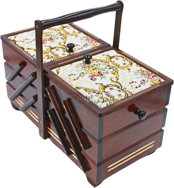 Dekohelden24 Nähkorb Hochwertiger Nähkasten, Nähkästchen aus Furnierholz mit 7 Fächern und (1 St), und Stoffbezug Rosenmotiv in Braun, L/B/H 42 x 20 x 21 cm. Bild 8