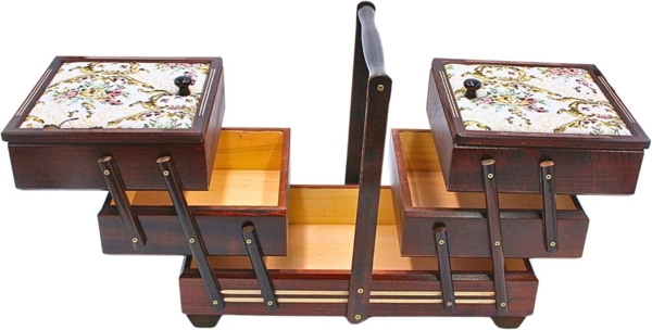 Dekohelden24 Nähkorb Hochwertiger Nähkasten, Nähkästchen aus Furnierholz mit 7 Fächern und (1 St), und Stoffbezug Rosenmotiv in Braun, L/B/H 42 x 20 x 21 cm. Bild 7