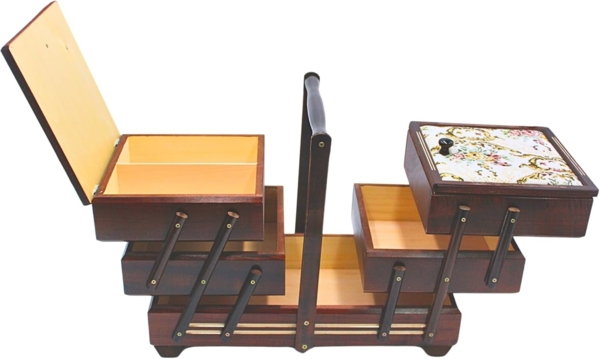 Dekohelden24 Nähkorb Hochwertiger Nähkasten, Nähkästchen aus Furnierholz mit 7 Fächern und (1 St), und Stoffbezug Rosenmotiv in Braun, L/B/H 42 x 20 x 21 cm. Bild 5