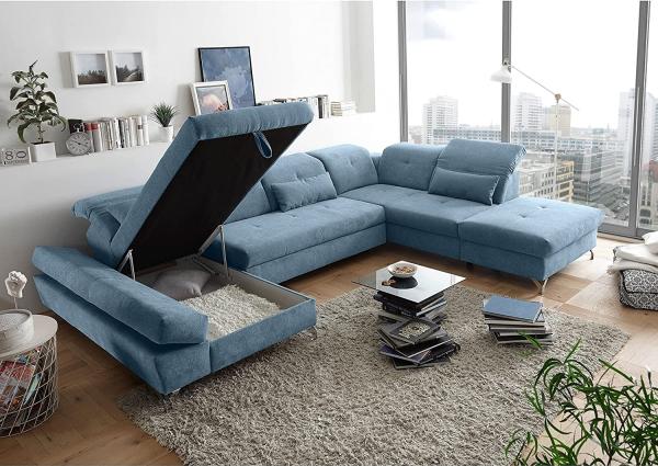 Couch MELFI R Sofa Schlafcouch Wohnlandschaft Schlaffunktion blau denim U-Form rechts Bild 5