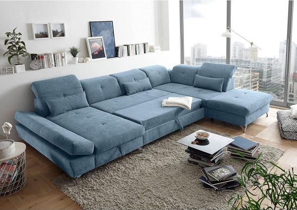 Couch MELFI R Sofa Schlafcouch Wohnlandschaft Schlaffunktion blau denim U-Form rechts Bild 4