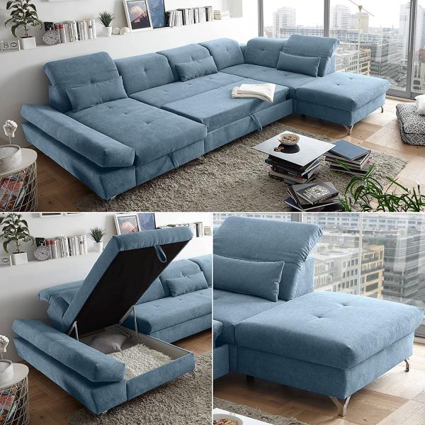 Couch MELFI R Sofa Schlafcouch Wohnlandschaft Schlaffunktion blau denim U-Form rechts Bild 6