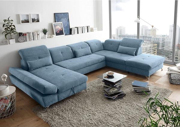 Couch MELFI R Sofa Schlafcouch Wohnlandschaft Schlaffunktion blau denim U-Form rechts Bild 2