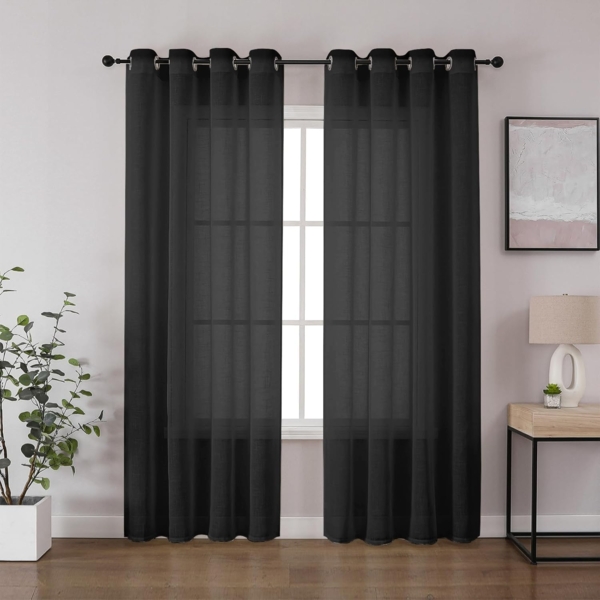 CUCRAF Leinen Voile Vorhänge mit Ösen Lichtfilterung Gardine für Schlafzimmer Wohnzimmer, Schwarz, H225 x B140cm 2er Set Bild 1
