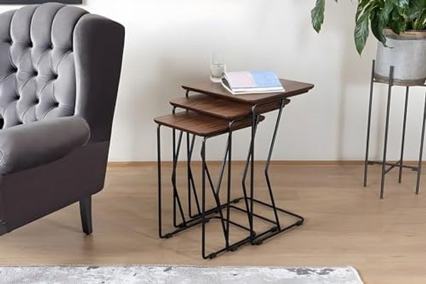 Hanah Home Elegant Walnut Nesting Table Set (3 Pieces) | 100% MDF with Metal Legs | Dimensions: 43x65 cm, 40x60 cm, 38x55 cm | Stylish & Functional for Modern Spaces