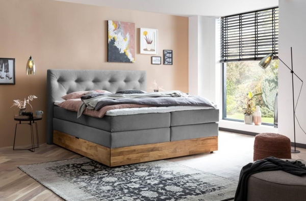 Belanoti Boxspringbett Marbo (Boxspringbett 180x200 mit Bettkasten, 7-Zonen Taschenfederkern Matratze inklusive Visco Topper), Bett 180x200 Eiche in der Farbe Anthrazit H2/H3 Polsterbett
