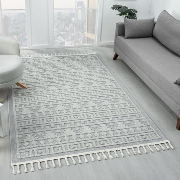 Vimoda Teppich Wohnzimmer Boho Skandi Frisé-Teppich, Rechteck, In & Outdoorteppich,Hoch Tief,3D, Balkon,Küchenteppich,Flur,Creme