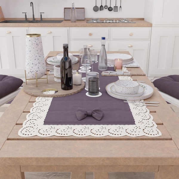 PETTI Artigiani Italiani - Tischläufer, Küchenläufer, Elegante Tischläufer, einfarbig, mit Rüschen aus Spitze und Schleifen, Tischläufer aus Baumwolle, Tischläufer 40x140 cm, 100% Made in Italy Bild 2