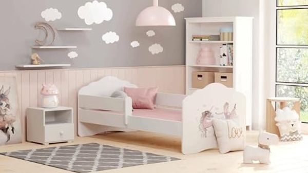 Dmora - Kinderbett Legnica, Kinderbett für Schlafzimmer, Einzelbett mit Kommoden, Struktur mit ausziehbarem Bett, 85x164 h63 cm, Weiß mit Einhorn