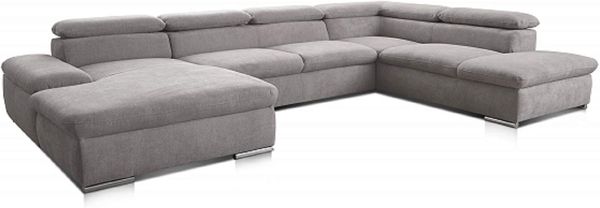 Cavadore Wohnlandschaft Alkatraz im modernen Design / U-Form mit Longchair links und Ottomane rechts / Inkl. Bettfunktion + Kopfteilverstellung / 350 x 73 x 226 / Hellgrau