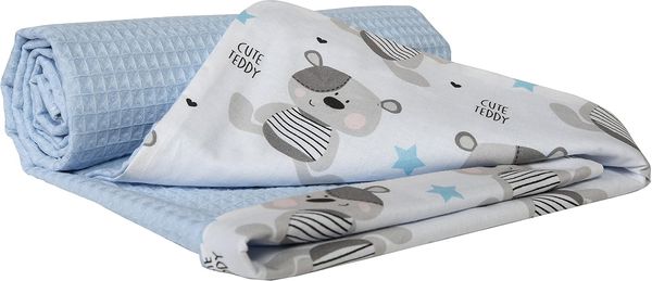 Medi Partners Babydecke Baby Decke Neugeborenen - Kuscheldecke Geschenk Babydecken 75x100 cm für Kleinkinder Mädchen Krabbeldecke Kinderbett Kinderwagen 100% Baumwolle (Teddybär mit hellblauen Waffel)
