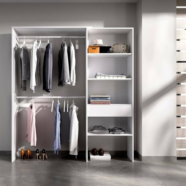 Dmora - Großer Kleiderschrank Lhotse, Struktur für begehbaren Kleiderschrank, offener Kleiderbügel, 160 x 40 x 187 cm, Weiß