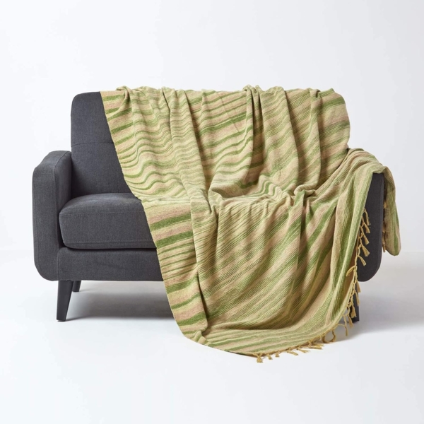 Plaid Gestreifter Chenille-Überwurf, 100% Baumwolle, grün, 150 x 200 cm, Homescapes