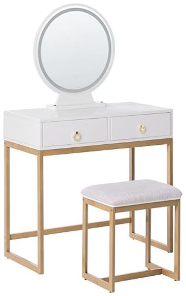 Beliani 'Auxon' Schminktisch mit LED-Beleuchtung und Hocker, Holzwerkstoff weiß / gold, 80 x 40 x 132 cm