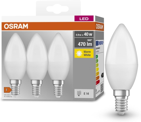 OSRAM BASE CLASSIC B 40 FR LED-Lampe mit Sockel E14, Minikerzenform, 3er Pack, 4,9W, 470lm, 2700K, warmweißes Licht, geringere Wärmeentwicklung, sehr geringer Energieverbrauch, lange Lebensdauer