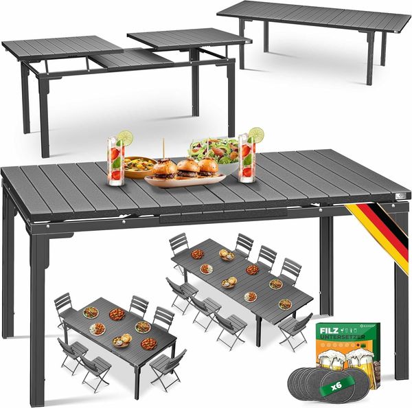 KESSER® Gartentisch ausziehbar Esstisch 180/240x90 cm erweiterbar bis 8 Personen Ausziehtisch mit pulverbeschichtetem Stahl-Gestell & HDPE Tischplatte Wetterfest & UV-Beständig inkl. 6 Filz-Untersetzer
