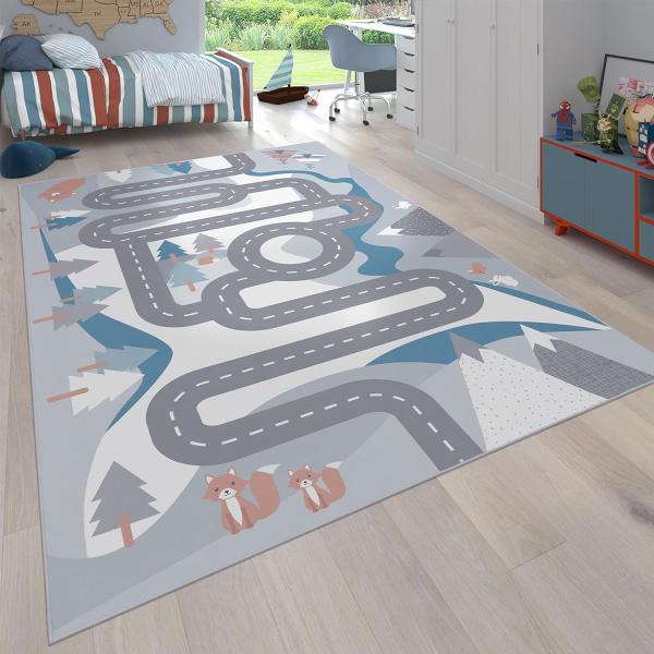 Paco Home Teppich Kinderzimmer Kinderteppich Spielteppich Junge Mädchen Tiere Straßen Muster rutschfest Creme Blau Grau, Grösse:160x220 cm