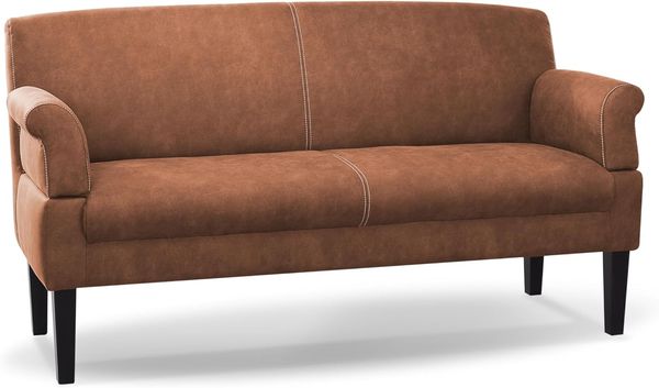 CAVADORE 3-Sitzer Küchensofa Malm, Sitzbank für Küche oder Esszimmer in Lederoptik, Inkl. Armteilverstellung, Federkern und moderner Kontrastnaht, 182 x 97 x 78, Mikrofaser: cognac