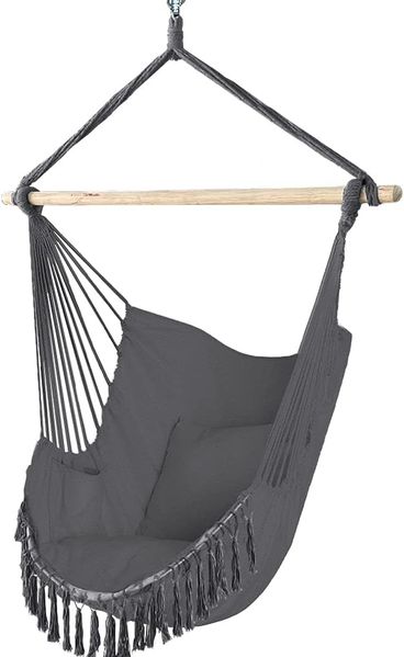 VOUNOT Hängesessel mit 2 Kissen & Bücherfach, Hängestuhl XXL Hängematte Schaukel für Indoor Outdoor Garten, Grau