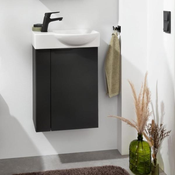 FACKELMANN SBC B.PARIS Gäste WC Waschtisch Set 45 cm breit, Schwarz matt, Waschbecken Keramik Weiß, Hahnloch links, Türanschlag rechts Bild 2
