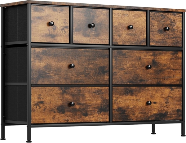Clevich 8 Stoff-schubladen Kommode, Holzplatte, Stabiles Metallgestell, Vielseitig für Wohn- & Schlafbereich, Flur, Diele, Büro, Vintage-Design, Braun, 1 Stück