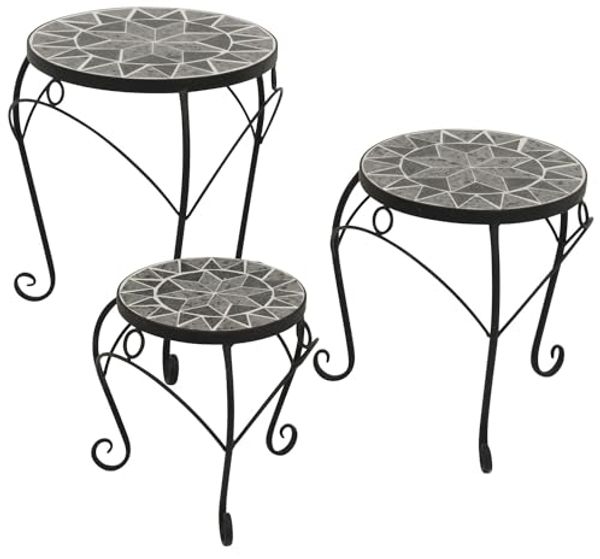DEGAMO Beistelltisch SIENA (3-er Set), 32cm/27cm/21cm, Stahl + Keramik in Mosaikoptik grau/weiss