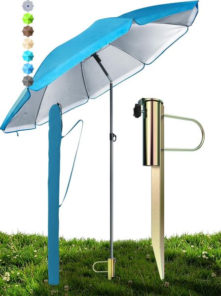 Menz Sonnenschirm Strand Ø 180 cm in Blau, 3er Set – Strandschirm windfest stabil + Schirmhülle + Rasendorn Sonnenschirmhalter, UPF 50+ Sonnenschirm mit Rasendorn für Garten, Schirmspieß