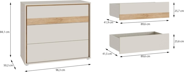 Forte WEXLIN Kommode 95 100, Moderne Kommode mit 3 Schubladen, Kinder- und Jugendzimmer, Holzwerkstoff, Kaschmir | Beige |Mauvella Eiche Holzdekor, 96,3 cm breit x 84,1 cm hoch x 50,2 cm tief Bild 2