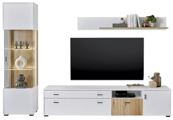 Wohnwand Merced in weiß matt und Eiche 3-teilig 258 x 180 cm