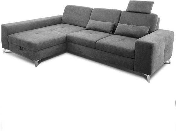 CAVADORE Ecksofa Bali / Trendige Sofaecke mit Longchair links, Kopfstütze & Nierenkissen / Inkl. Sitztiefenverstellung, Bett & Bettkasten / 286 x 92 x 176 / Flachgewebe: Grau