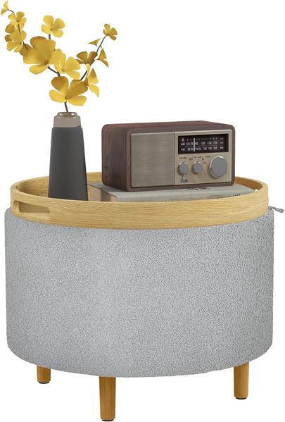 HOMCOM Sitzhocker mit Klappdeckel, Holzbeine (Hocker, 1 St, Polsterhocker), für Wohnzimmer, Schlafzimmer, Grau, Ø56 x 42 cm