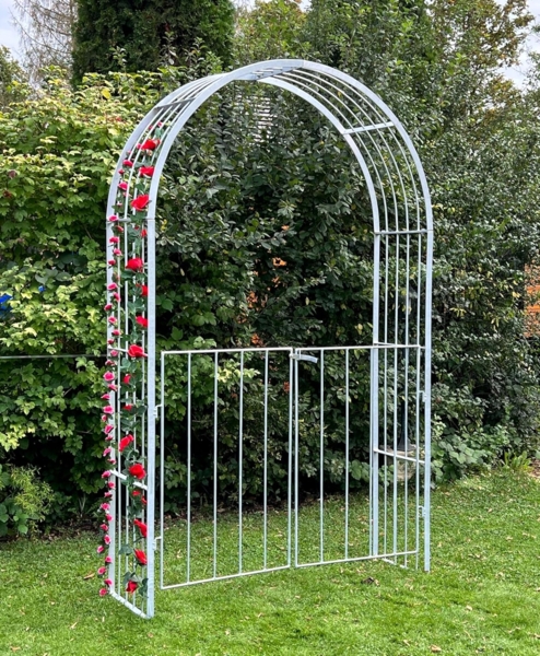 DanDiBo Rosenbogen Metall Verzinkt Massiv mit Tor Tür 140 cm Torbogen 96517 Wetterfest Rundbogen Volleisen Rankhilfe Gartenbogen Feuerverzinkt