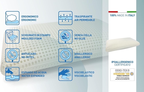 Talamo Italia Kissen für Bett, 100% Made in Italy, Ergonomisches "Seifen"-Kissen aus perforiertem Memory-Schaum, hypoallergen und atmungsaktiv, 70x40xh12 cm Bild 3