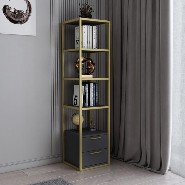 Hanah Home Modern Glam Bookshelf, Gold & Anthracite, 39 x 39 x 160 cm | 100% Melamine Coated Particle Board, 18 mm Thick, Sturdy Metal Frame | Stylish Storage Solution
