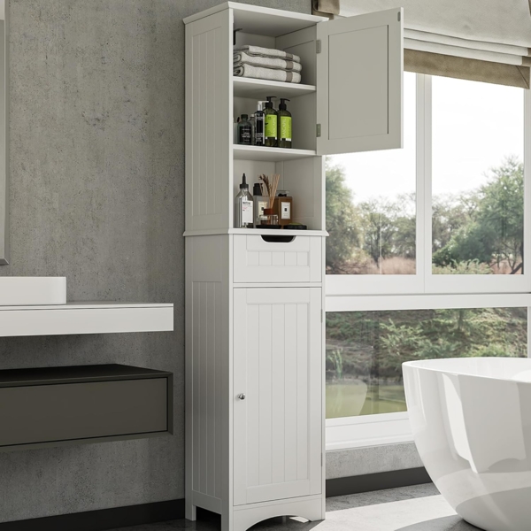 Bealife Hochschrank Badezimmer, Badschrank mit verstellbaren Regalen, Badezimmerschrank mit offenem Fach, Schublade und Türen für Badezimmer, Wohnzimmer, Schlafzimmer (Weiß) Bild 1