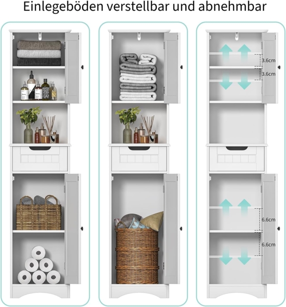 Bealife Hochschrank Badezimmer, Badschrank mit verstellbaren Regalen, Badezimmerschrank mit offenem Fach, Schublade und Türen für Badezimmer, Wohnzimmer, Schlafzimmer (Weiß) Bild 4