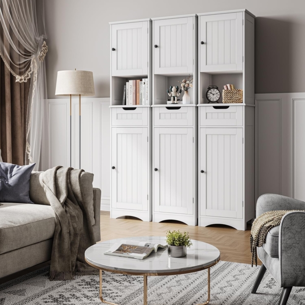 Bealife Hochschrank Badezimmer, Badschrank mit verstellbaren Regalen, Badezimmerschrank mit offenem Fach, Schublade und Türen für Badezimmer, Wohnzimmer, Schlafzimmer (Weiß) Bild 3