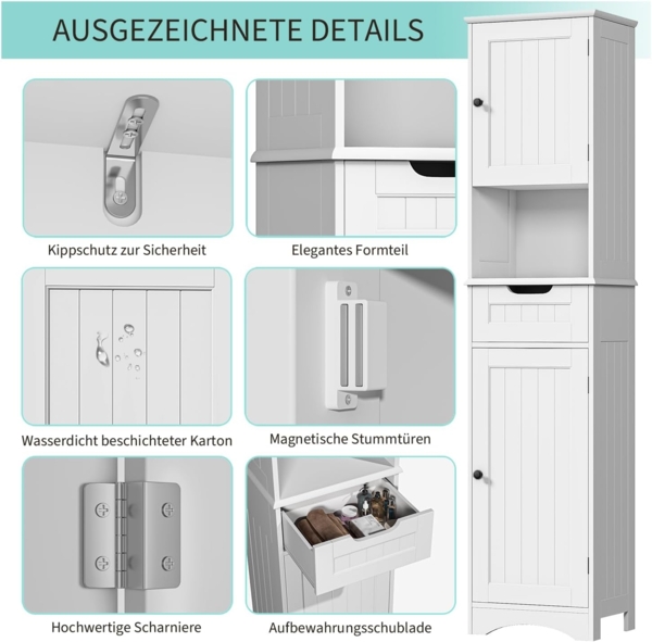 Bealife Hochschrank Badezimmer, Badschrank mit verstellbaren Regalen, Badezimmerschrank mit offenem Fach, Schublade und Türen für Badezimmer, Wohnzimmer, Schlafzimmer (Weiß) Bild 5