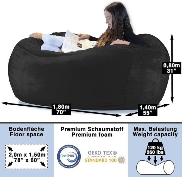 Charlie & Finn, 1500 l, Memory-Foam Füllung und Velour-Kuschelbezug in Platin Grau, 80 x 140 x 180 cm Bild 3