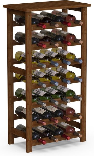 BAKAJI Weinregal aus Bambusholz mit 28 Fächern für Champagner, Flaschenregal für Bar, Wohnzimmer, Küche, Bistro, Restaurant, 47 x 29 x 93,5 cm (Nussbaum)