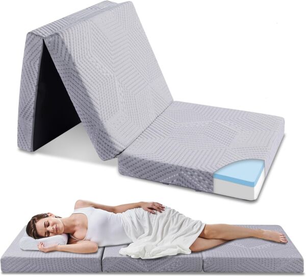 EGO HOME Klappmatratze 75x195 cm, Höhe 10 cm Gästematratze Klappbar, Härtegrade H3 Faltbare Matratze, Reisematratze, 3-Teilige Visco Gel Schaumstoff Faltmatratze für Reisen, Camping, Boden, Gästebett