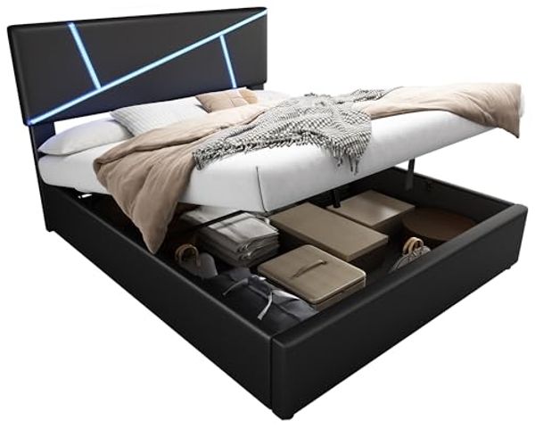 Odikalo Stauraumbett Doppelbett Polsterbett 16-LED Lattenrost Schwarz/Weiss 140/160/180*200