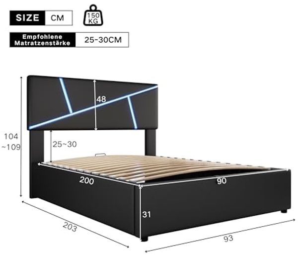Odikalo Stauraumbett Doppelbett Polsterbett 16-LED Lattenrost Schwarz/Weiss 140/160/180*200 Bild 3