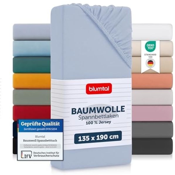 Blumtal® Baumwolle Spannbettlaken 135x190cm Basics Jersey im 2er Set - Bettlaken 135x190cm - Oeko-TEX zertifiziertes Spannbetttuch 135x190cm - Matratzenbezug 135x190cm - Leintuch - Hellblau