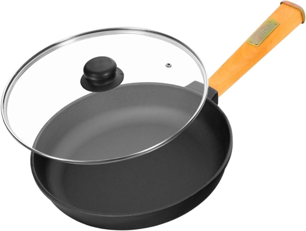 Ø24cm Gusseisenpfanne 47mm hoch mit Holzgriff und Glasdeckel Induktion Bratpfanne